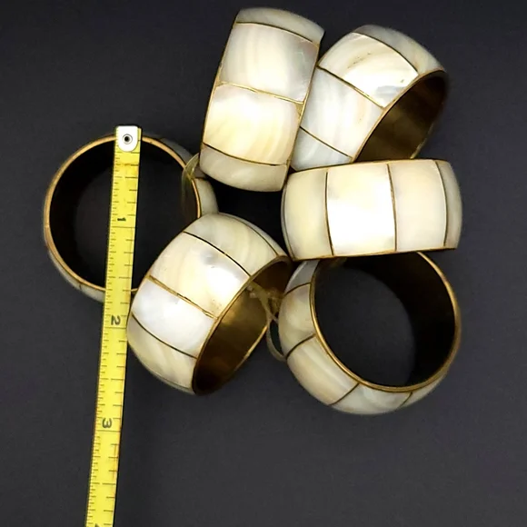 Vintage Brass Mother of Pearl Inlay Retro Dining Napkin Rings Set of 6 - Picture 5 of 6